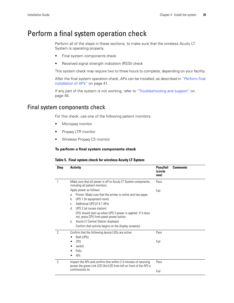Perform a final system operation check, Final system components check | Welch Allyn Acuity LT Mobile - Installation Guide User Manual | Page 35 / 64