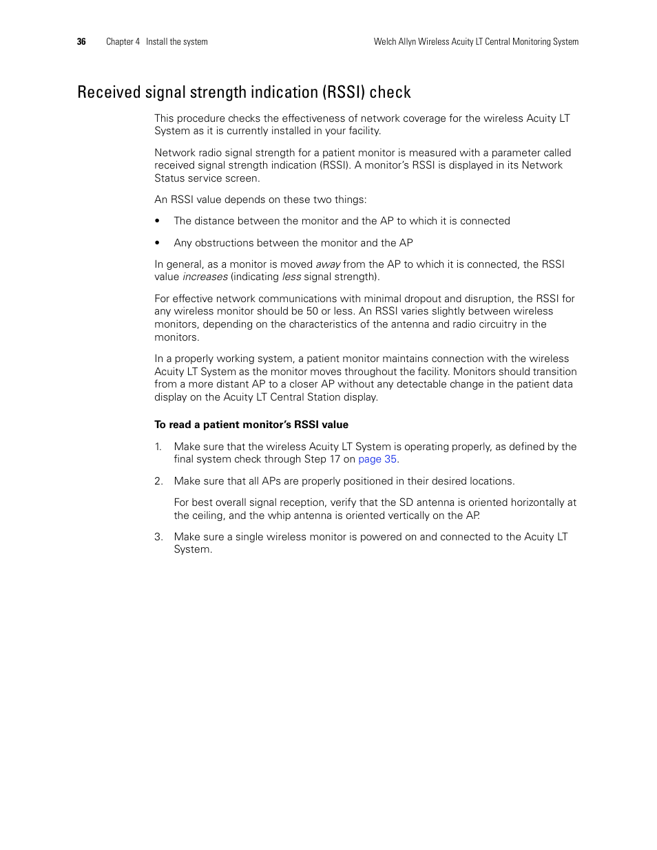 Received signal strength indication (rssi) check, Facility as described on, Received | Signal strength indication (rssi) check | Welch Allyn Acuity LT Mobile - Installation Guide User Manual | Page 40 / 64