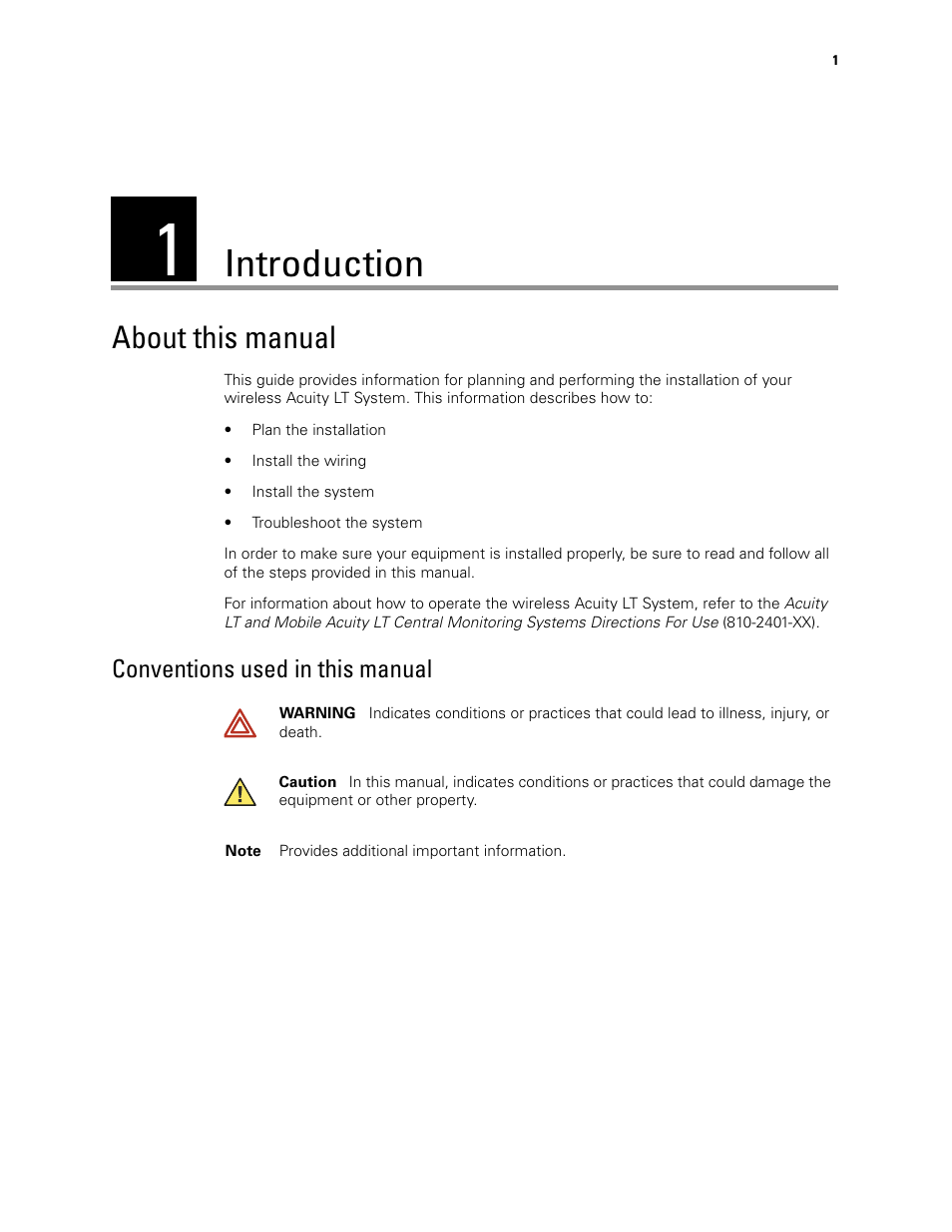 Introduction, About this manual, 1 - introduction | Conventions used in this manual | Welch Allyn Acuity LT Mobile - Installation Guide User Manual | Page 5 / 64