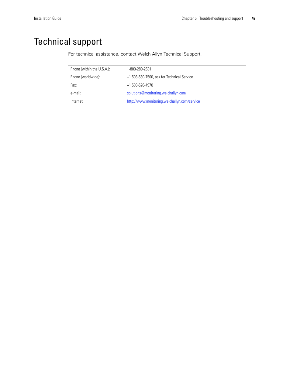 Technical support | Welch Allyn Acuity LT Mobile - Installation Guide User Manual | Page 51 / 64