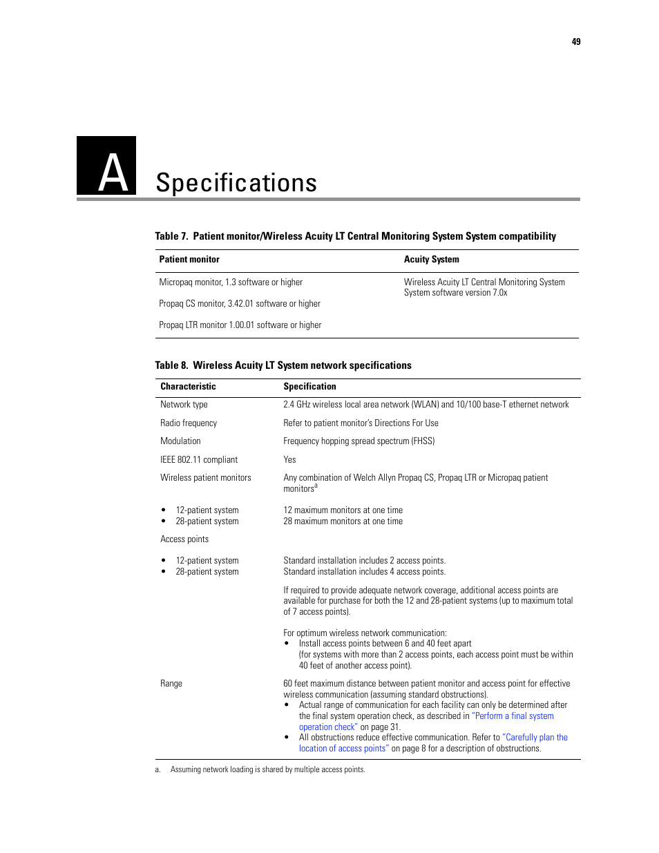 Specifications, A - specifications | Welch Allyn Acuity LT Mobile - Installation Guide User Manual | Page 53 / 64