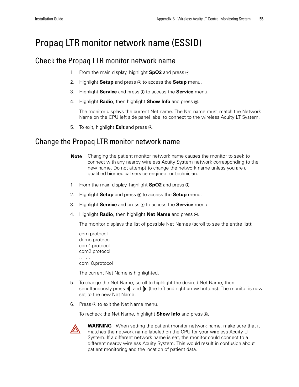 Propaq ltr monitor network name (essid), Check the propaq ltr monitor network name, Change the propaq ltr monitor network name | Welch Allyn Acuity LT Mobile - Installation Guide User Manual | Page 59 / 64