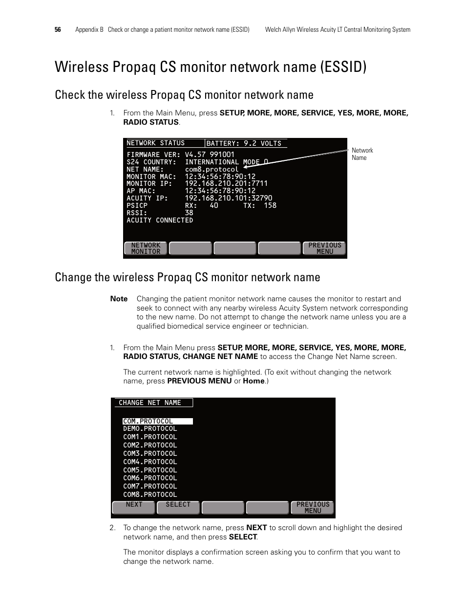 Wireless propaq cs monitor network name (essid), Check the wireless propaq cs monitor network name, Change the wireless propaq cs monitor network name | Welch Allyn Acuity LT Mobile - Installation Guide User Manual | Page 60 / 64