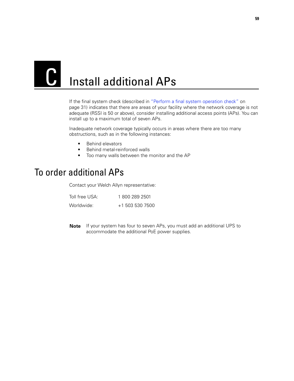 Install additional aps, To order additional aps, Order additional aps | Welch Allyn Acuity LT Mobile - Installation Guide User Manual | Page 63 / 64