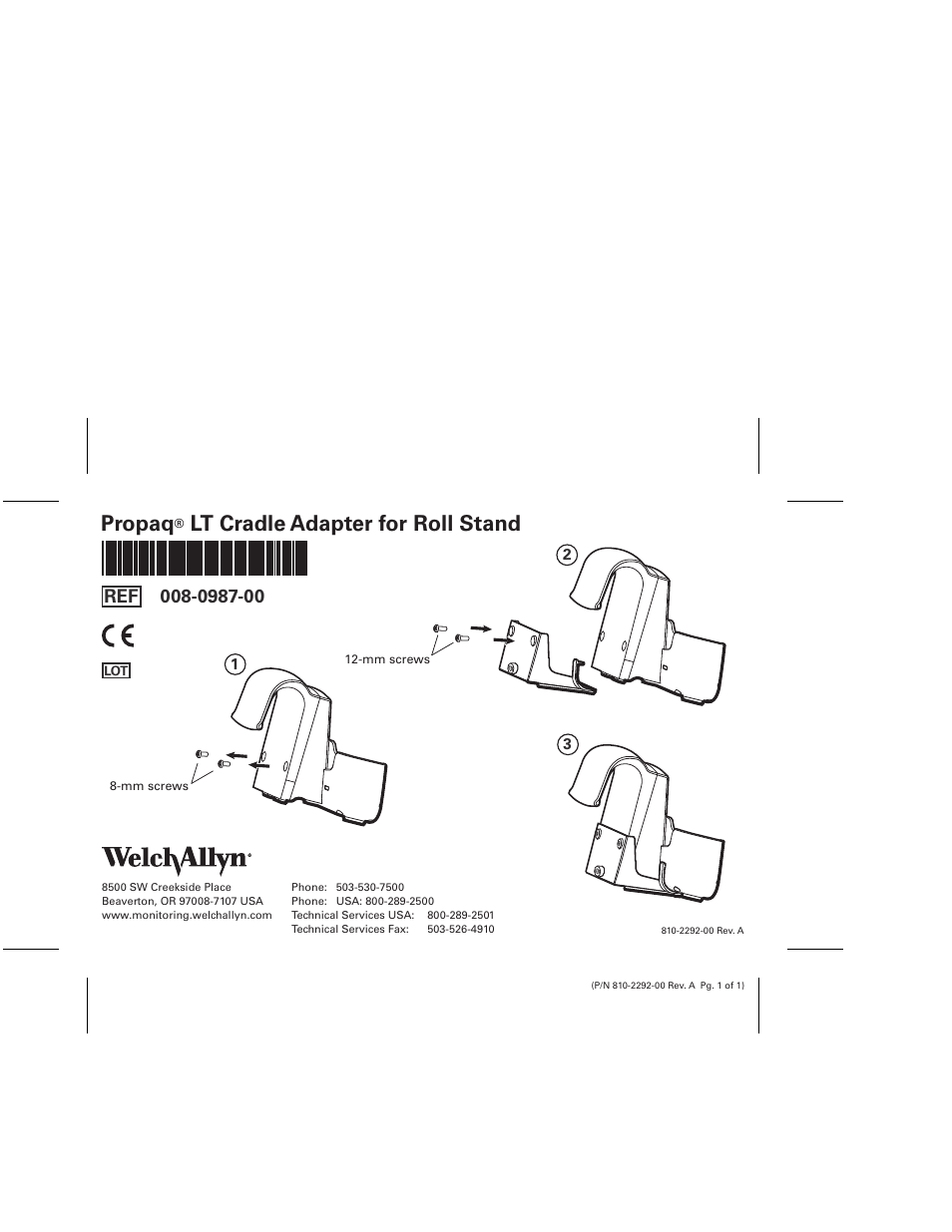 Welch Allyn Propaq LT Cradle Adapter For Roll Stand, 810-2292-00A.Pdf - Installation Guide User Manual | 1 page
