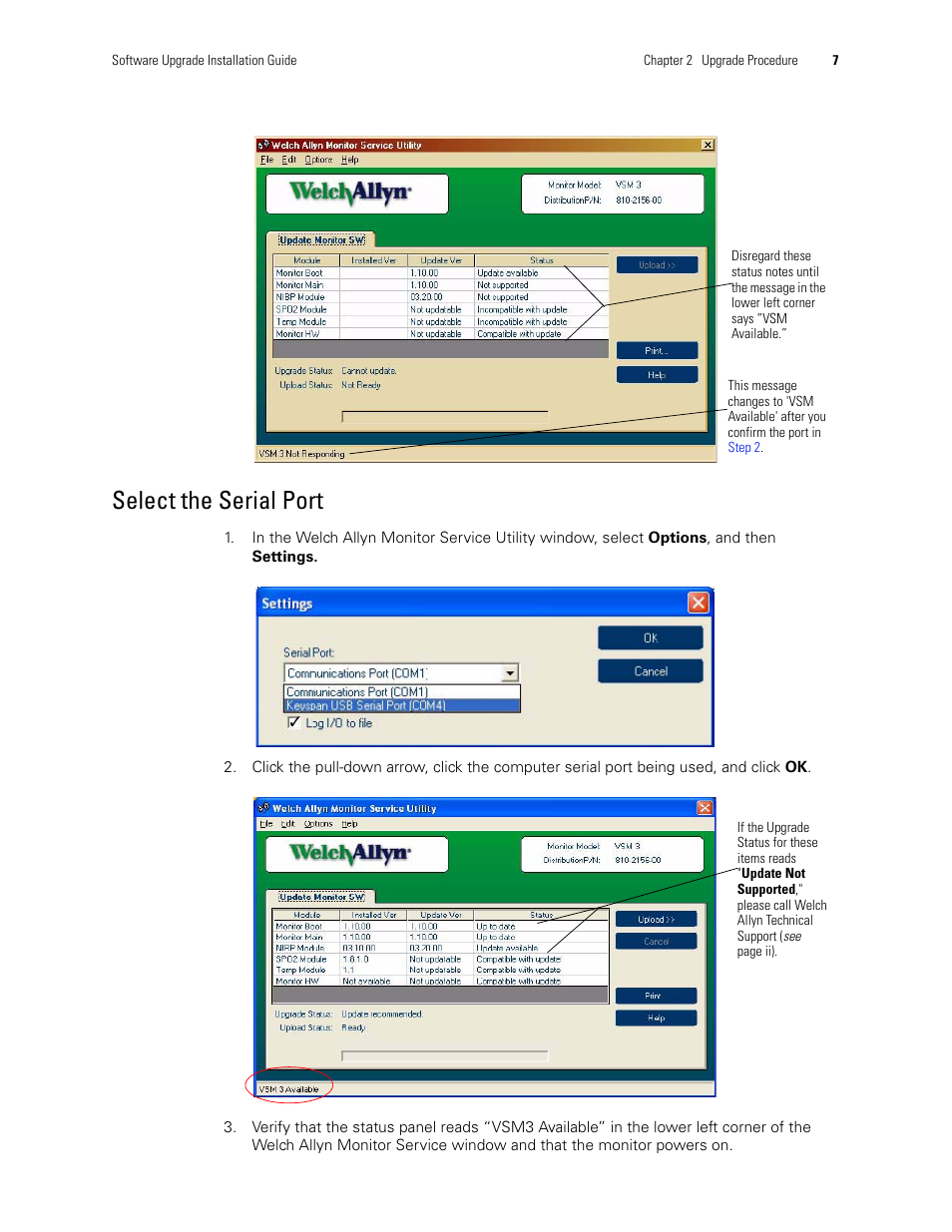 Select the serial port | Welch Allyn VSM300 Upgrade, 810-2183-01C - Installation Guide User Manual | Page 11 / 16