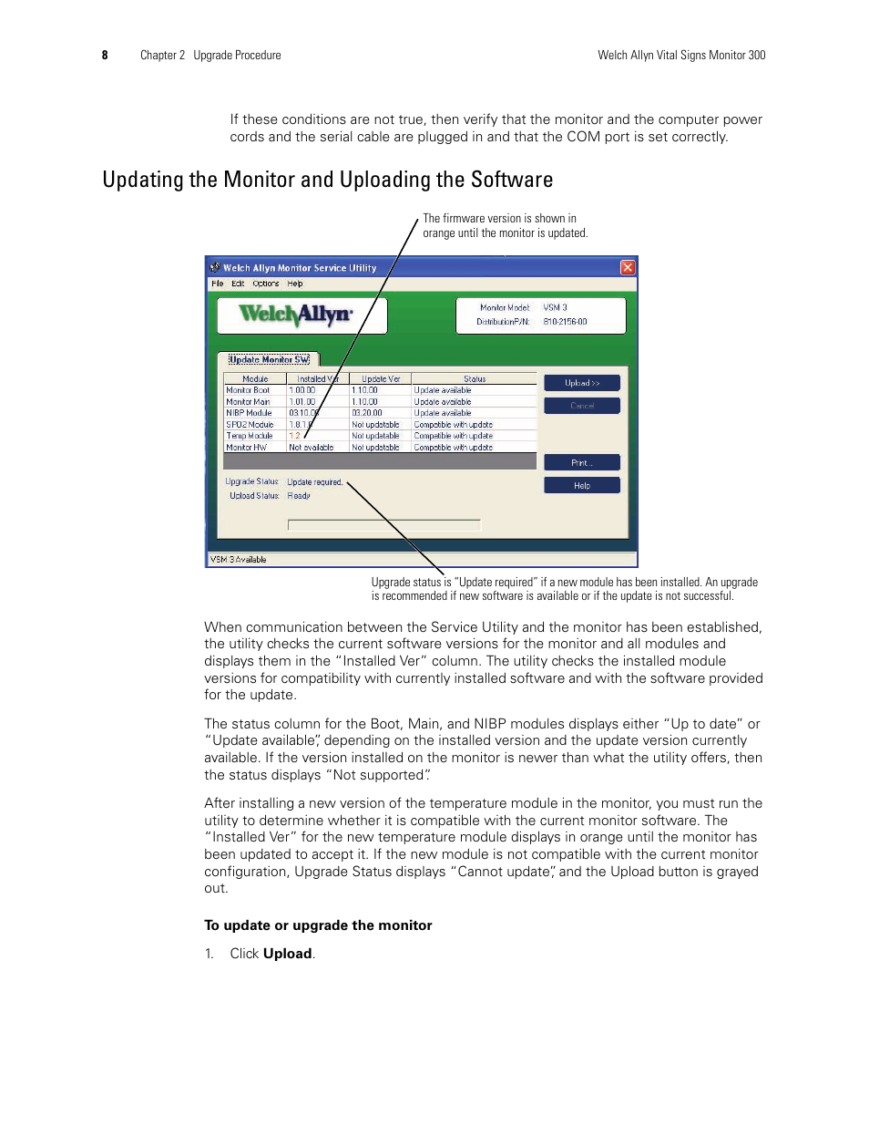 Updating the monitor and uploading the software | Welch Allyn VSM300 Upgrade, 810-2183-01C - Installation Guide User Manual | Page 12 / 16