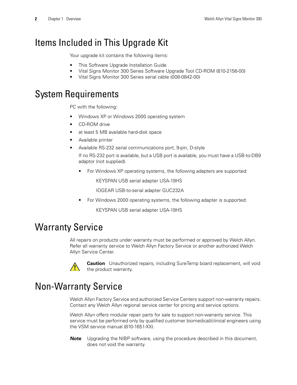 Items included in this upgrade kit, System requirements, Warranty service | Non-warranty service | Welch Allyn VSM300 Upgrade, 810-2183-01C - Installation Guide User Manual | Page 6 / 16