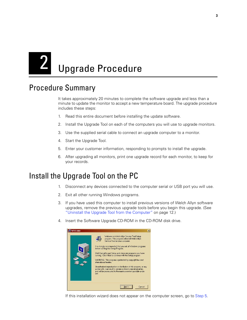 Upgrade procedure, Procedure summary, Install the upgrade tool on the pc | 2 - upgrade procedure | Welch Allyn VSM300 Upgrade, 810-2183-01C - Installation Guide User Manual | Page 7 / 16