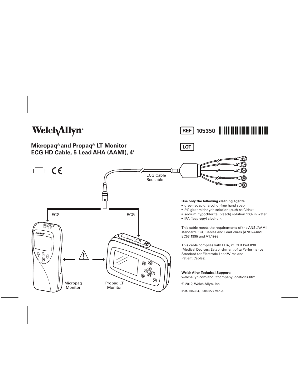 Welch Allyn Micropaq and Propaq LT Monitor ECG HD Cable and 5 Aha Lead Cable Instructions - Installation Guide User Manual | 1 page