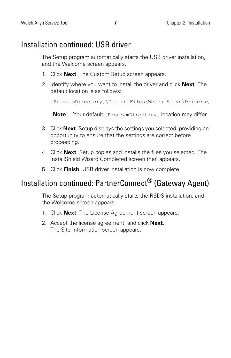 Installation continued: usb driver, Installation continued: partnerconnect, Gateway agent) | Welch Allyn Service Tool, Installation and Configuration - Installation Guide User Manual | Page 10 / 24
