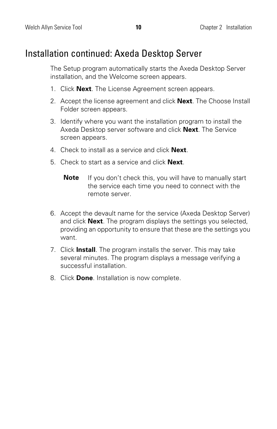 Installation continued: axeda desktop server | Welch Allyn Service Tool, Installation and Configuration - Installation Guide User Manual | Page 13 / 24