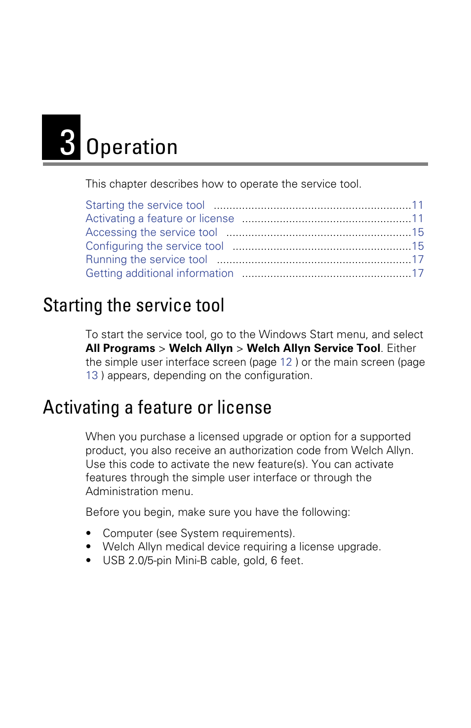 Operation, Starting the service tool, Activating a feature or license | 3 - operation | Welch Allyn Service Tool, Installation and Configuration - Installation Guide User Manual | Page 14 / 24