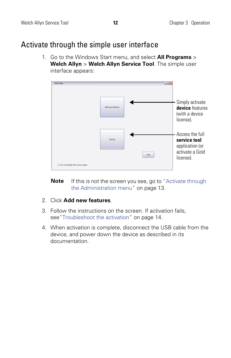 Activate through the simple user interface | Welch Allyn Service Tool, Installation and Configuration - Installation Guide User Manual | Page 15 / 24