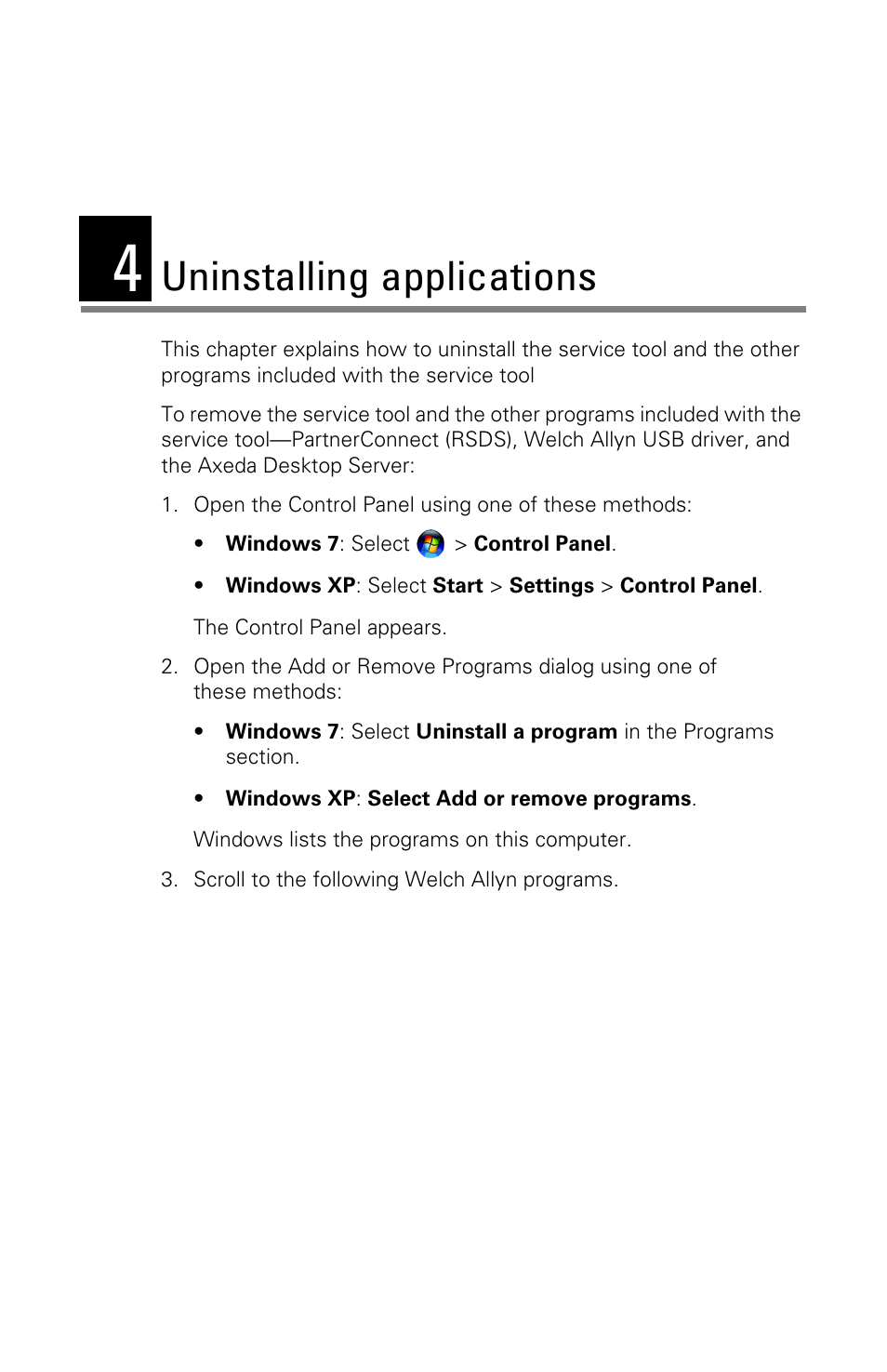 Uninstalling applications, 4 - uninstalling applications | Welch Allyn Service Tool, Installation and Configuration - Installation Guide User Manual | Page 21 / 24