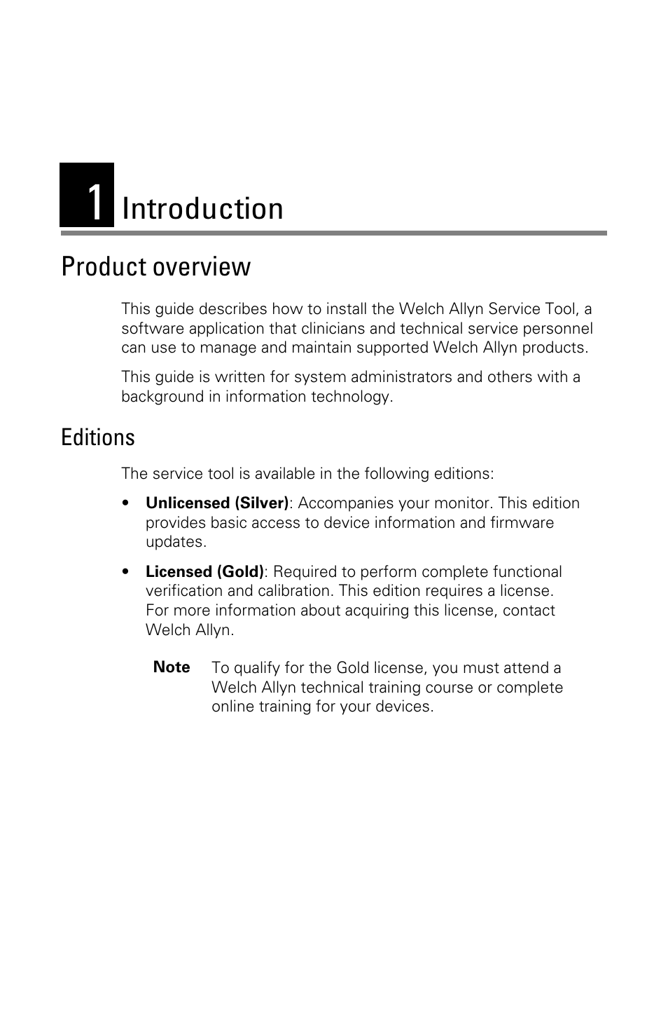 Introduction, Product overview, 1 - introduction | Editions | Welch Allyn Service Tool, Installation and Configuration - Installation Guide User Manual | Page 4 / 24