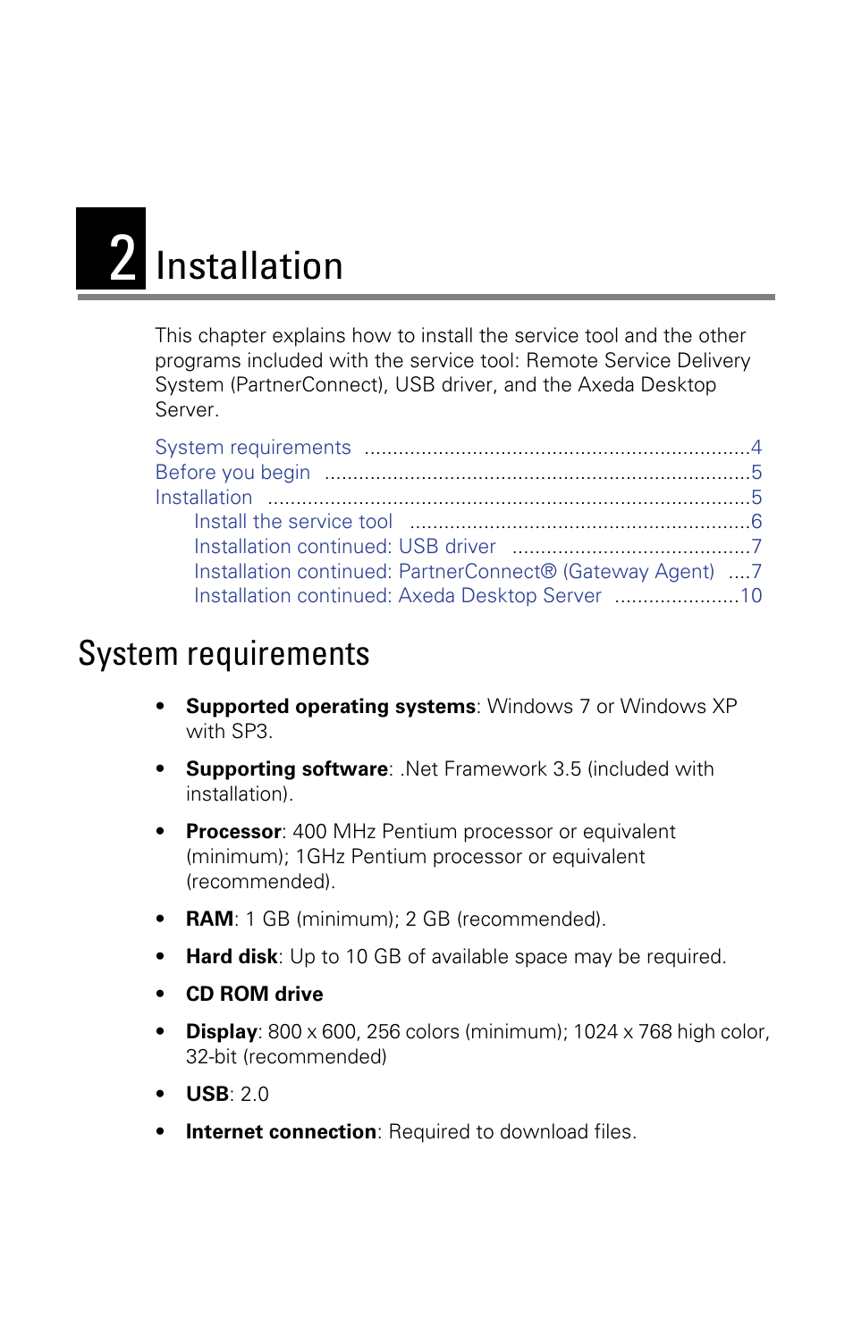 Installation, System requirements, 2 - installation | Welch Allyn Service Tool, Installation and Configuration - Installation Guide User Manual | Page 7 / 24