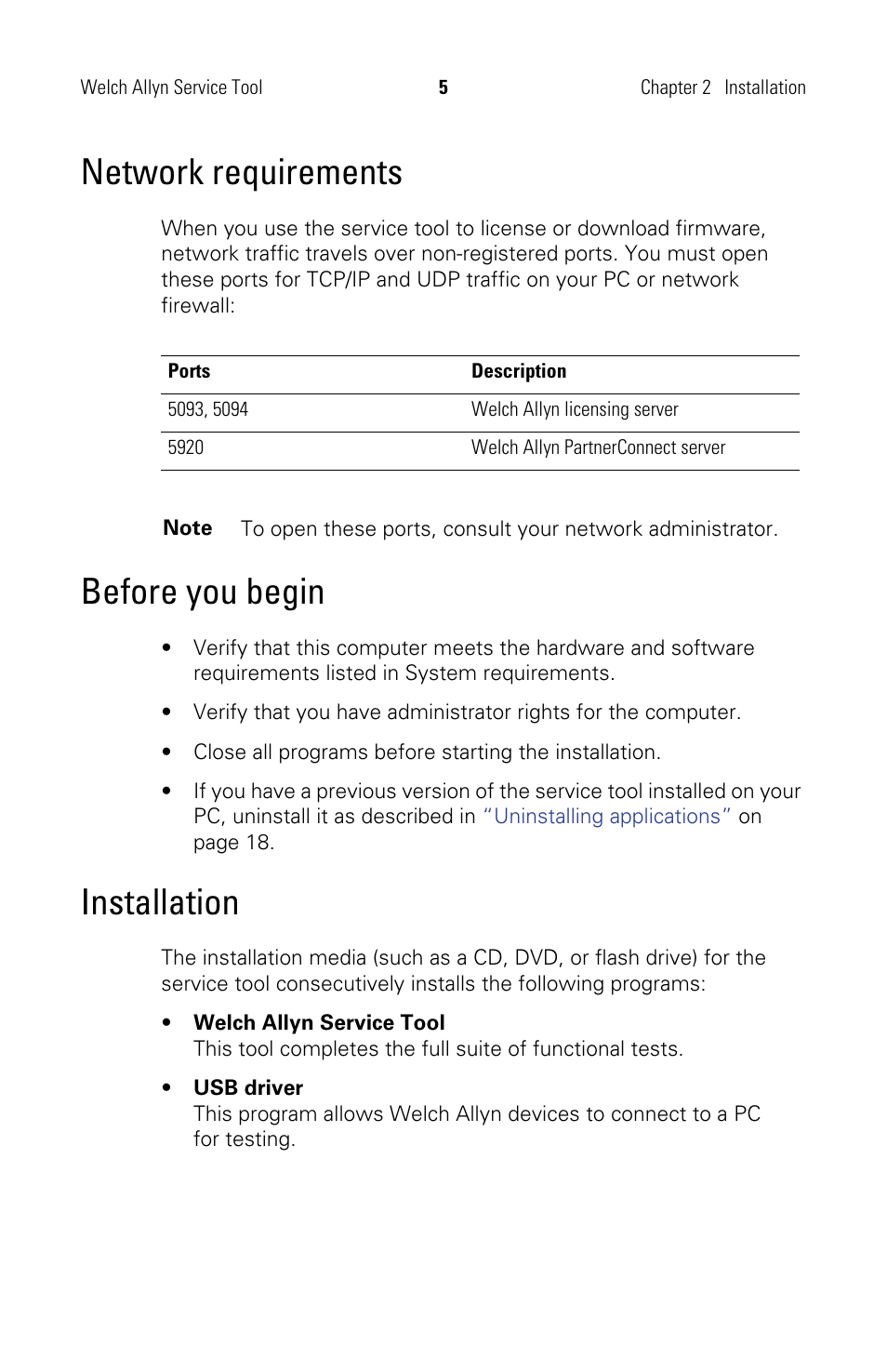 Network requirements, Before you begin, Installation | Network requirements before you begin installation | Welch Allyn Service Tool, Installation and Configuration - Installation Guide User Manual | Page 8 / 24