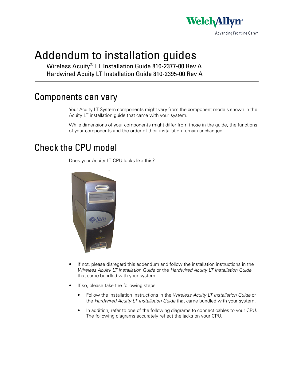 Welch Allyn Acuity LT 7.0X Install Guide Addendum - Installation Guide User Manual | 2 pages