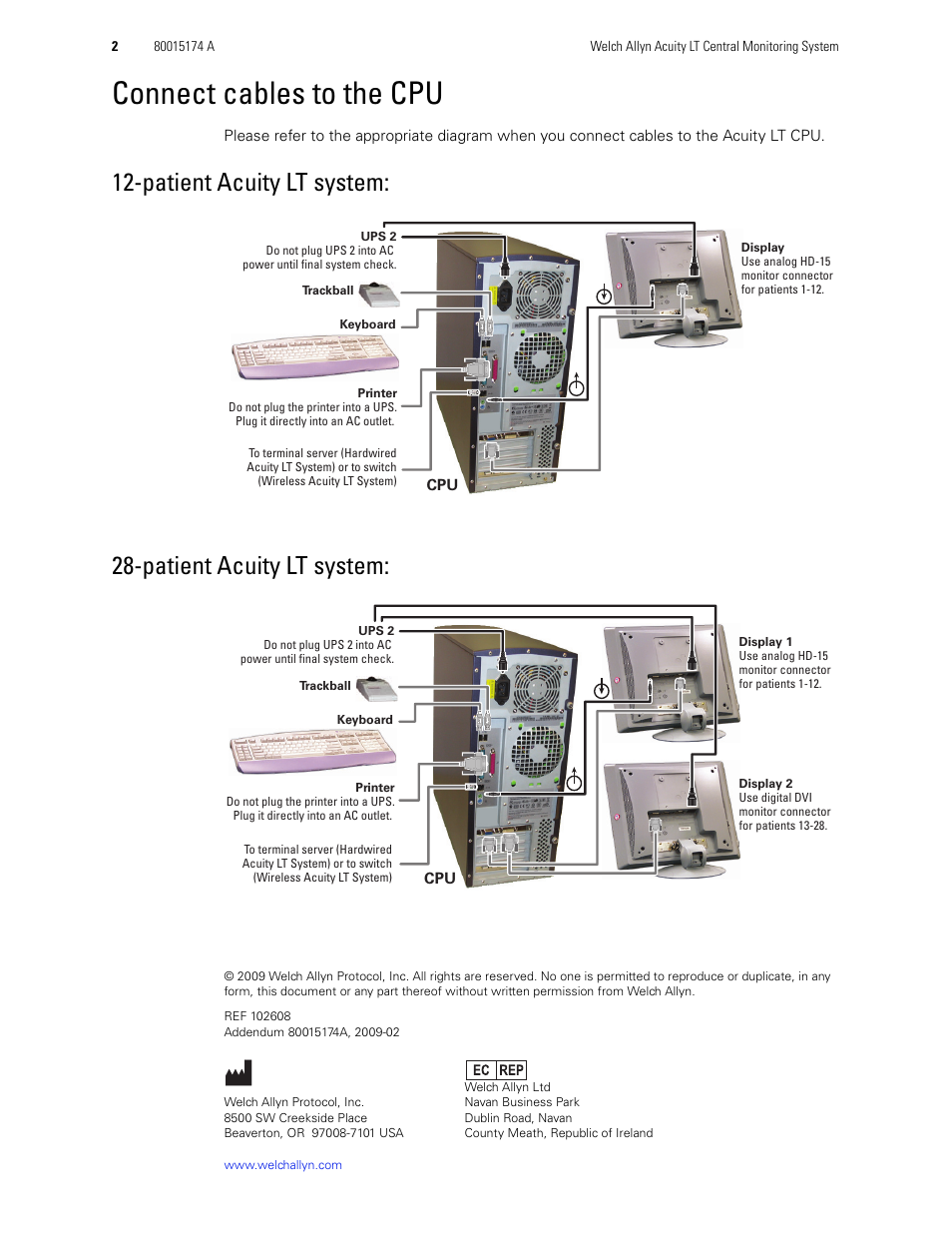 Connect cables to the cpu | Welch Allyn Acuity LT 7.0X Install Guide Addendum - Installation Guide User Manual | Page 2 / 2