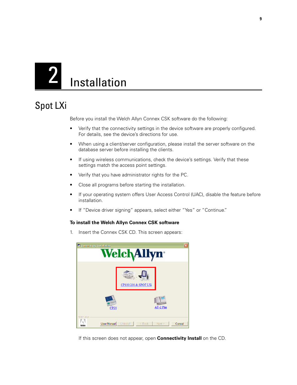 Installation, Spot lxi, 2 - installation | Welch Allyn CSK Software Install Guide - Installation Guide User Manual | Page 13 / 44