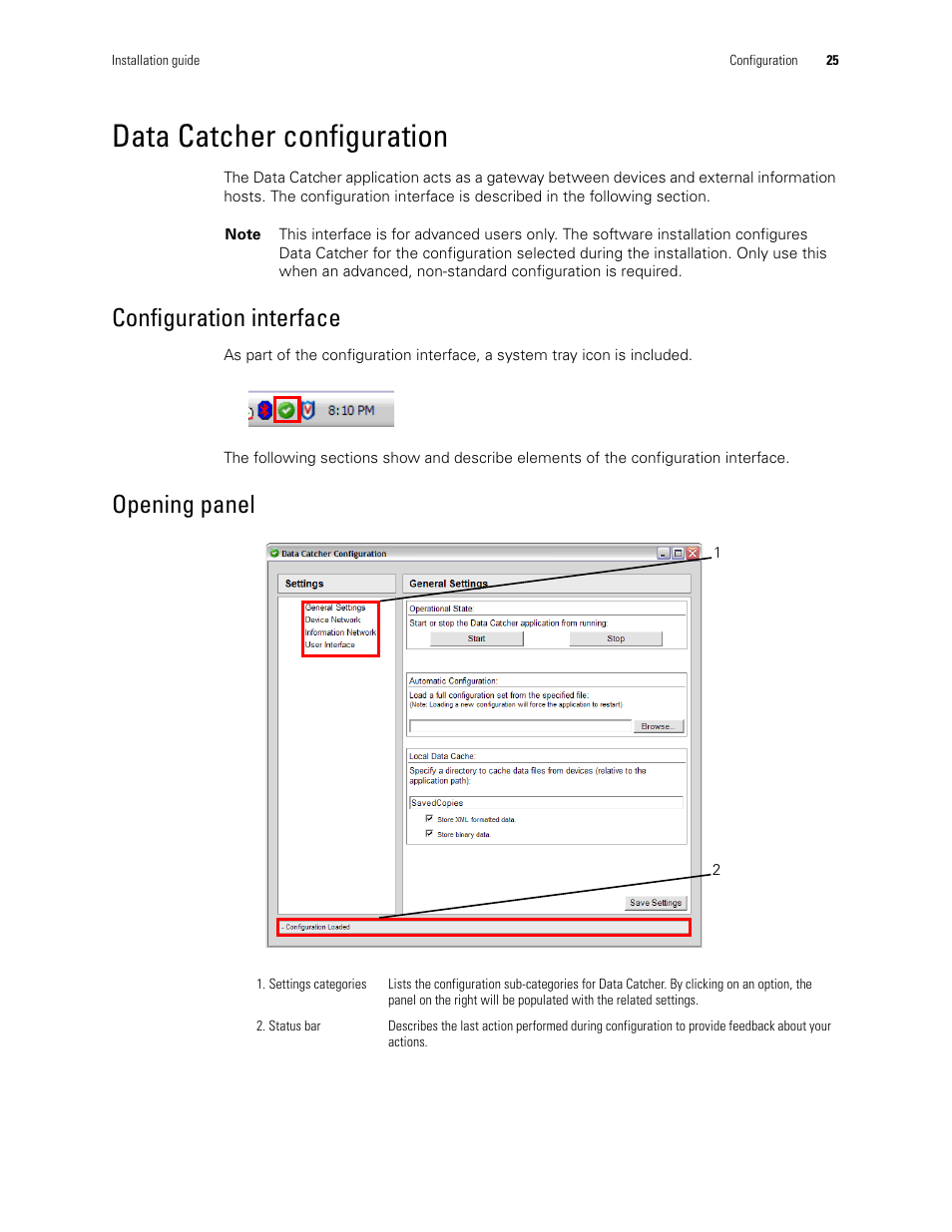Data catcher configuration, Configuration interface, Opening panel | Welch Allyn CSK Software Install Guide - Installation Guide User Manual | Page 29 / 44