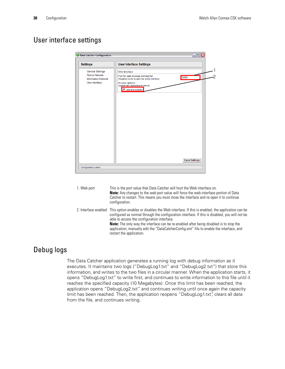 User interface settings debug logs | Welch Allyn CSK Software Install Guide - Installation Guide User Manual | Page 34 / 44