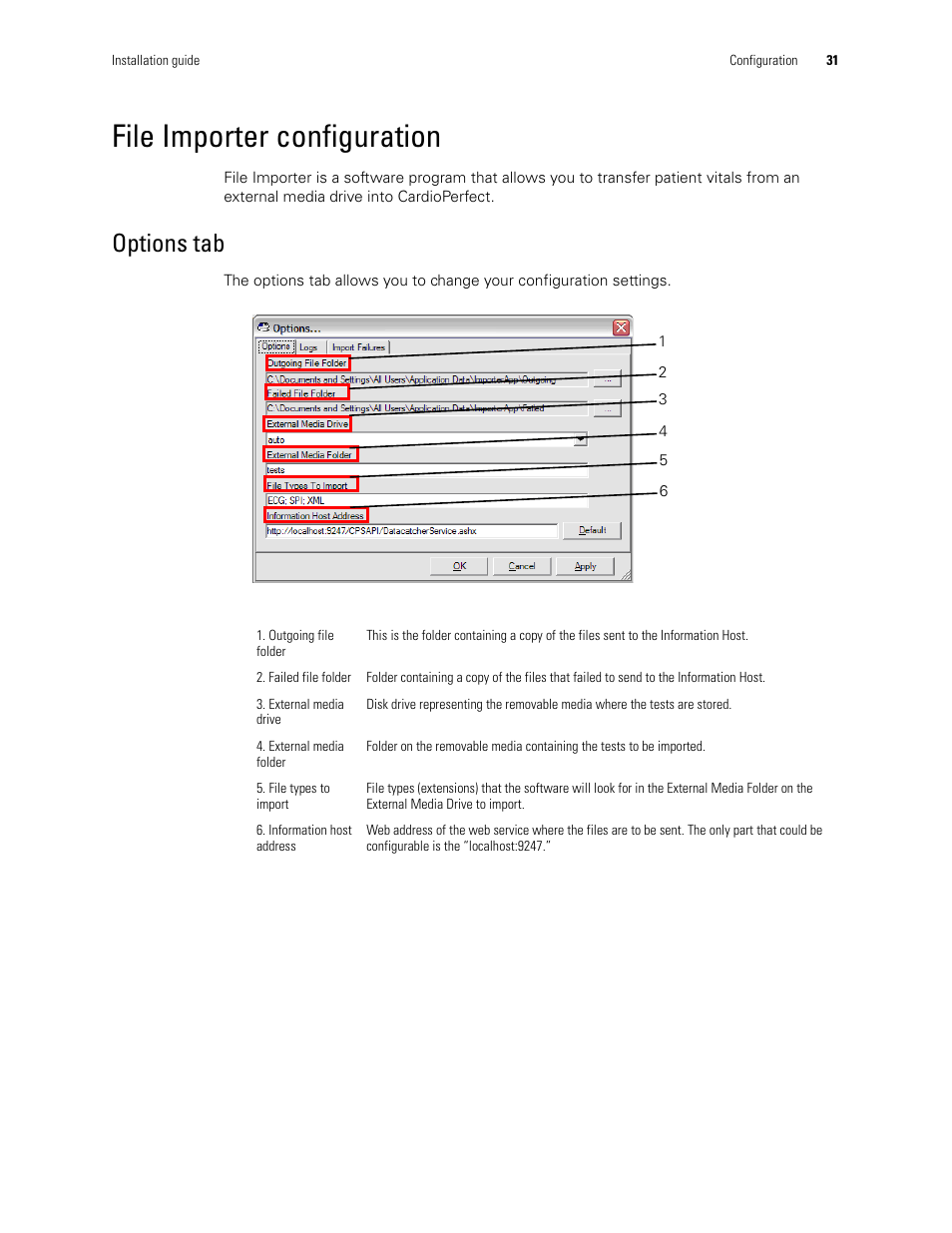 File importer configuration, Options tab | Welch Allyn CSK Software Install Guide - Installation Guide User Manual | Page 35 / 44