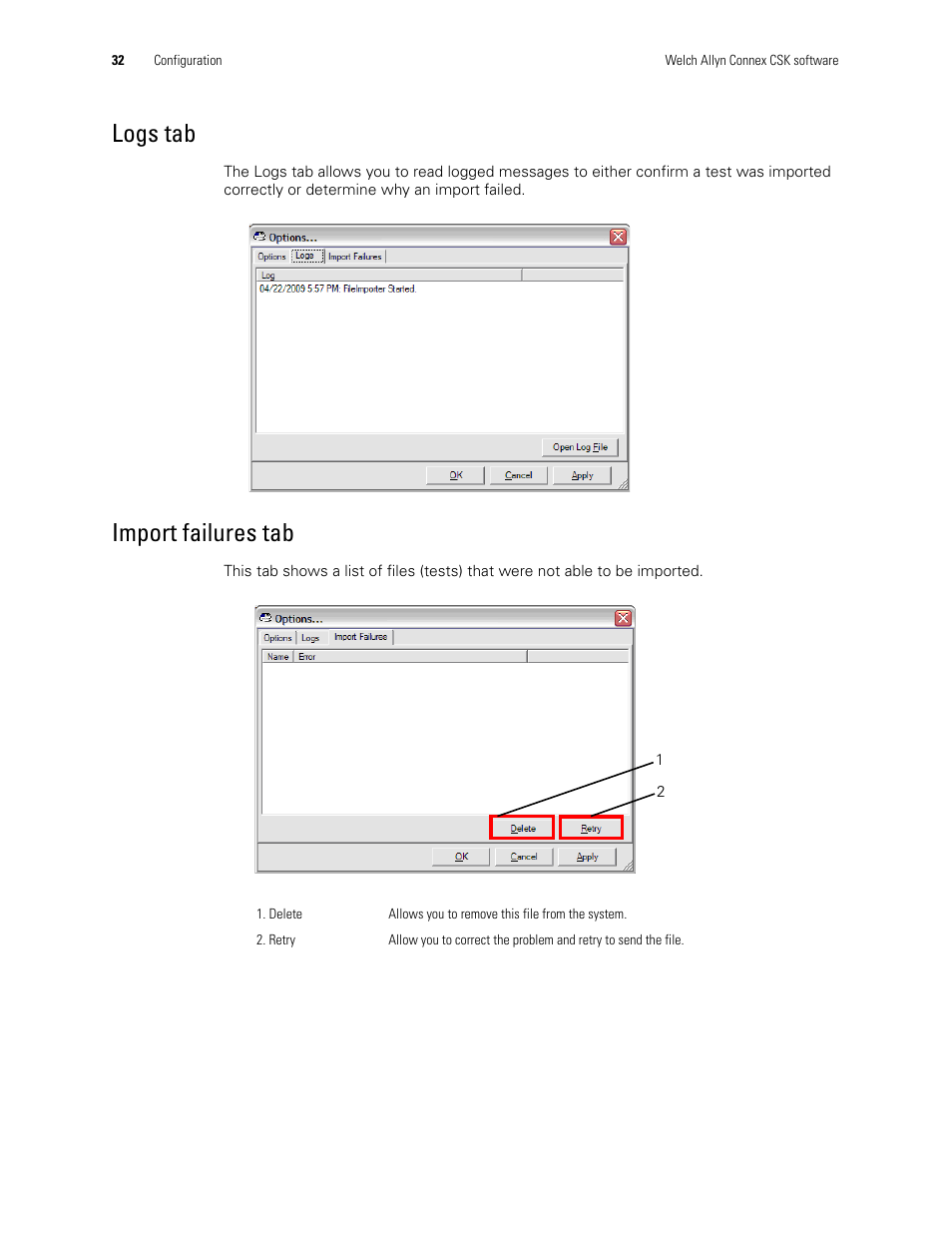 Logs tab, Import failures tab | Welch Allyn CSK Software Install Guide - Installation Guide User Manual | Page 36 / 44
