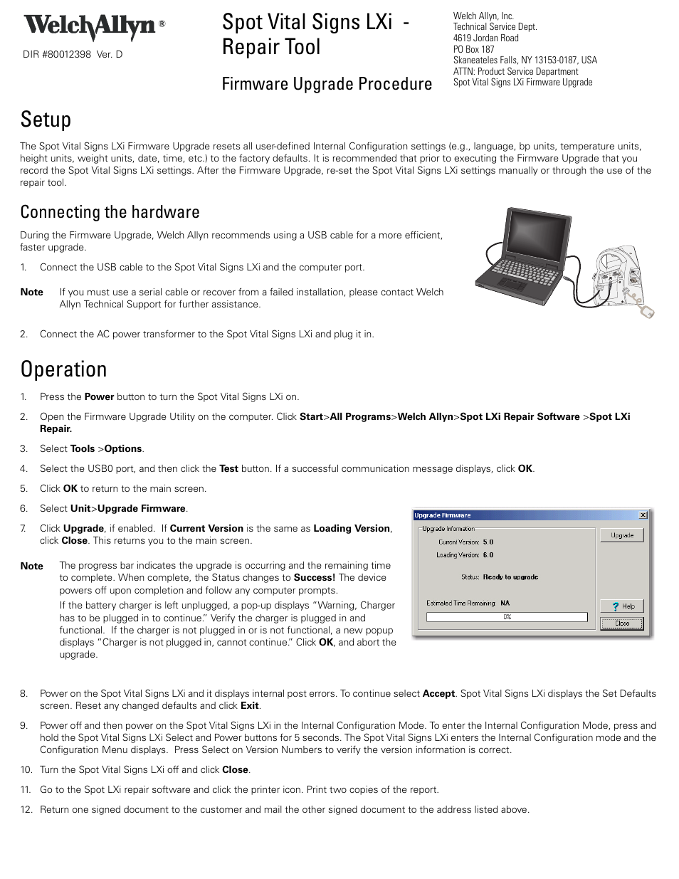 Welch Allyn Spot LXI Repair Tool Firmware Upgrade Procedure - Installation Guide User Manual | 2 pages