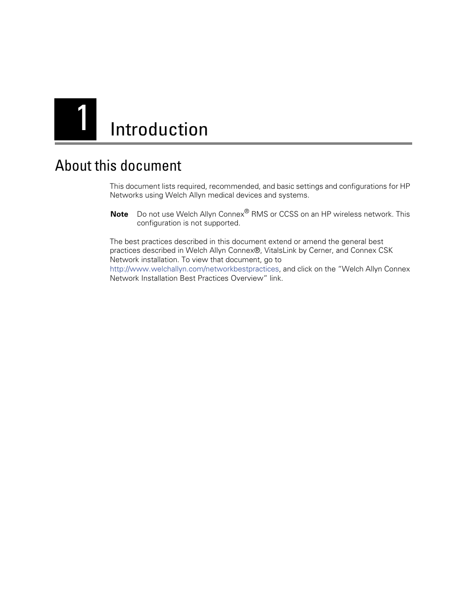 Introduction, About this document, 1 - introduction | Welch Allyn Connex Central Station HP Best Practices - Network Installation - Installation Guide User Manual | Page 5 / 8