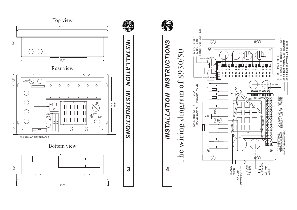 Bottom view, Top view, Rear view | WFCO WF-8950 User Manual | Page 3 / 6
