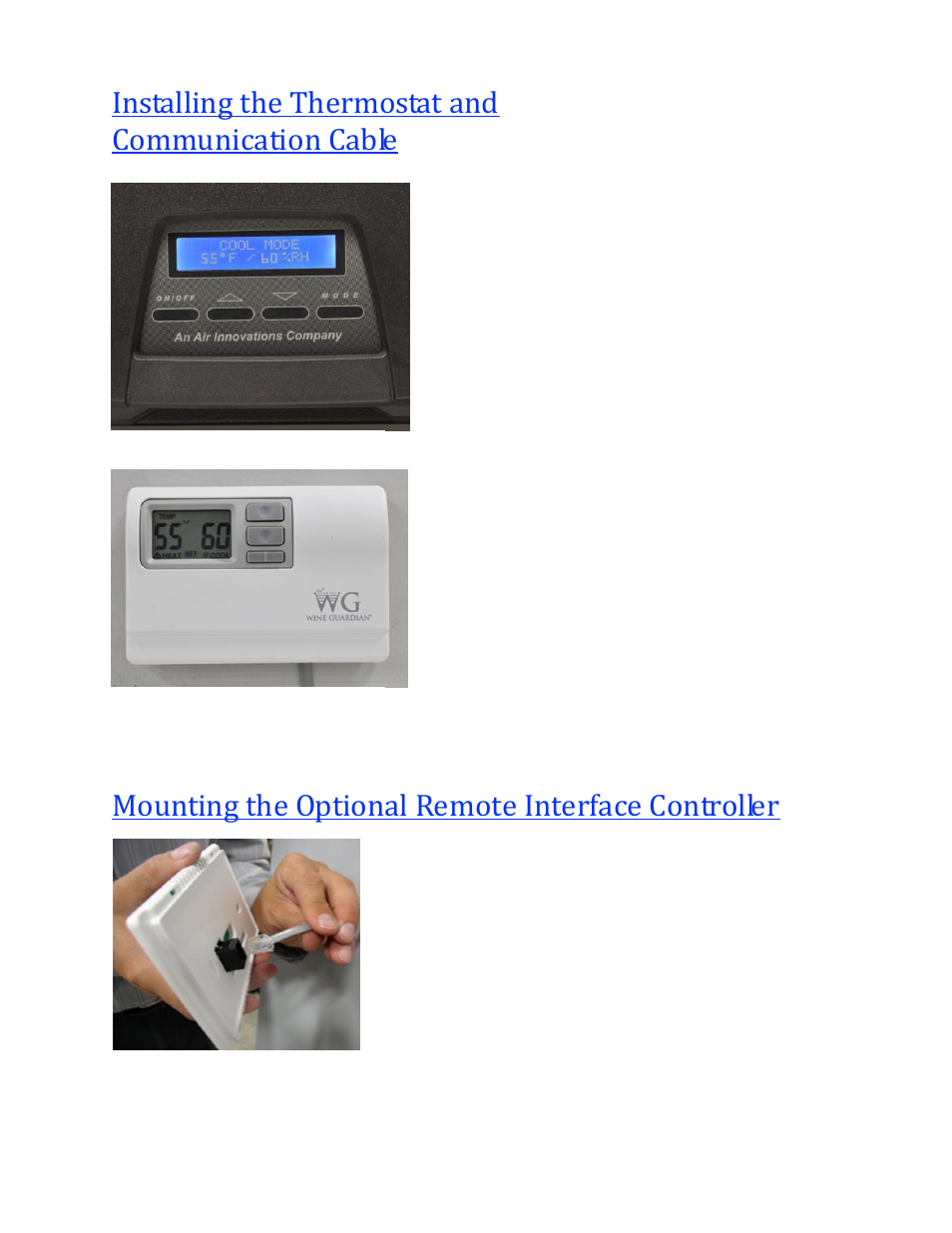 Installing the thermostat and communication cable, Mounting the optional remote interface controller | Wine Guardian Through-the-Wall Cooling System - Manual User Manual | Page 27 / 47