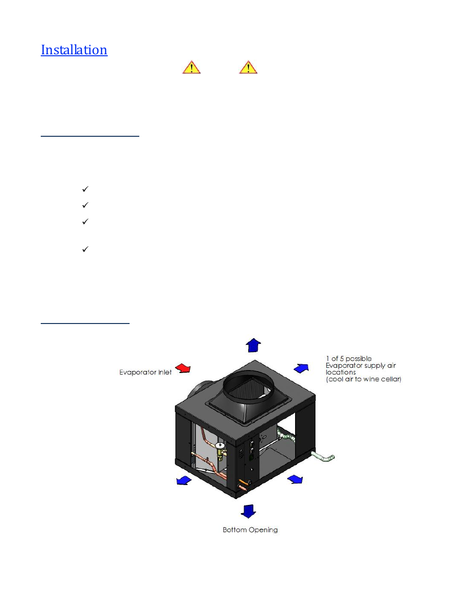 Installation, Pre-installation test air flow diagram, Pre-installation test | Air flow diagram | Wine Guardian Ducted Split Wine Cellar Cooling Systems (SS200) User Manual | Page 27 / 68