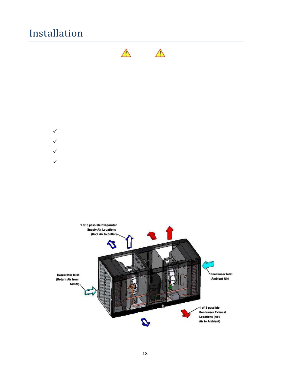Installation, Pre-installation test, Air flow illustration | Wine Guardian Wine Cellar Cooling Systems 50Hz (WG 175) User Manual | Page 21 / 54