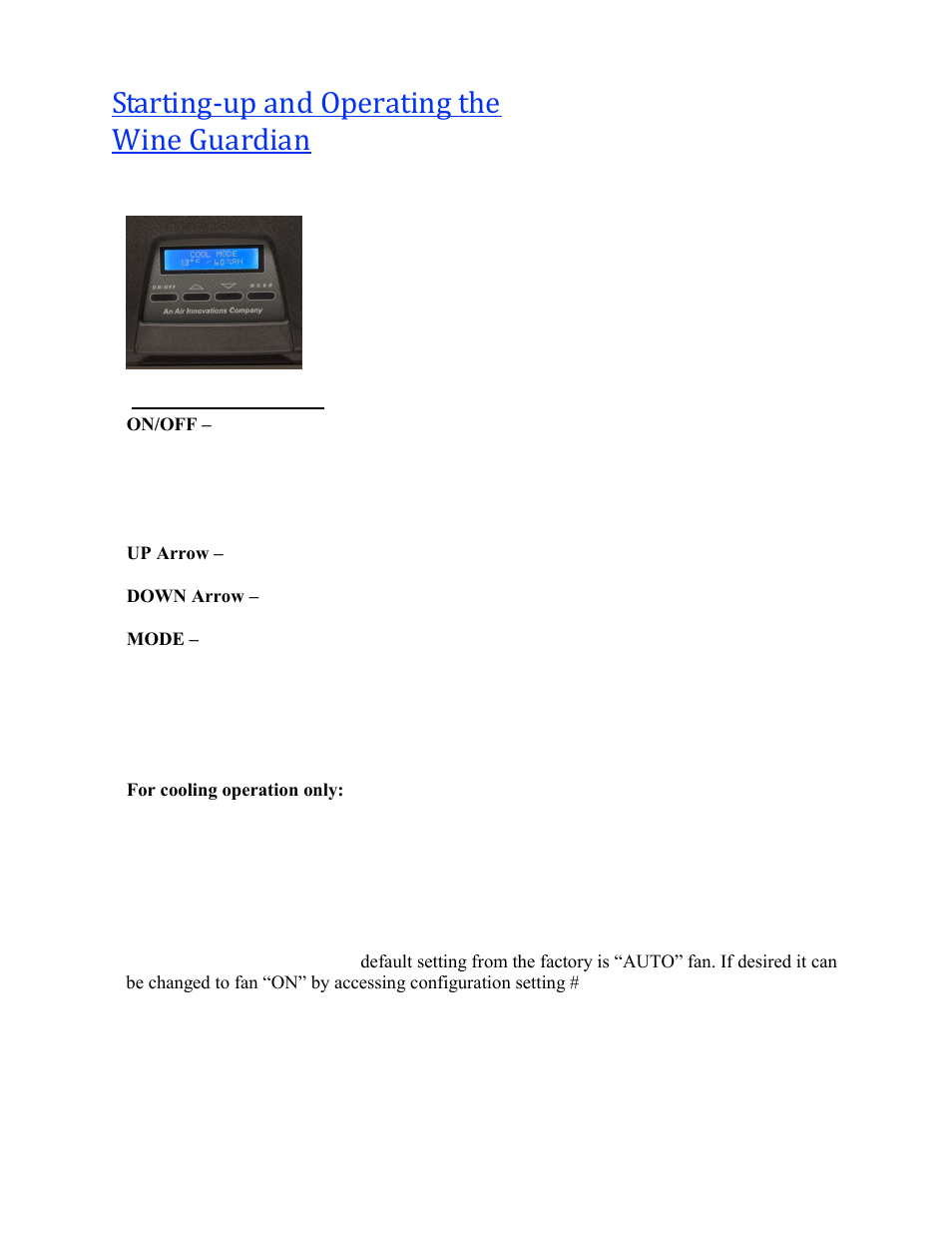 Starting-up and operating the wine guardian, Control settings, Controller functions | Wine Guardian Through-the-Wall Wine Cellar Cooling Systems 50Hz (WG25) - Manual User Manual | Page 34 / 41