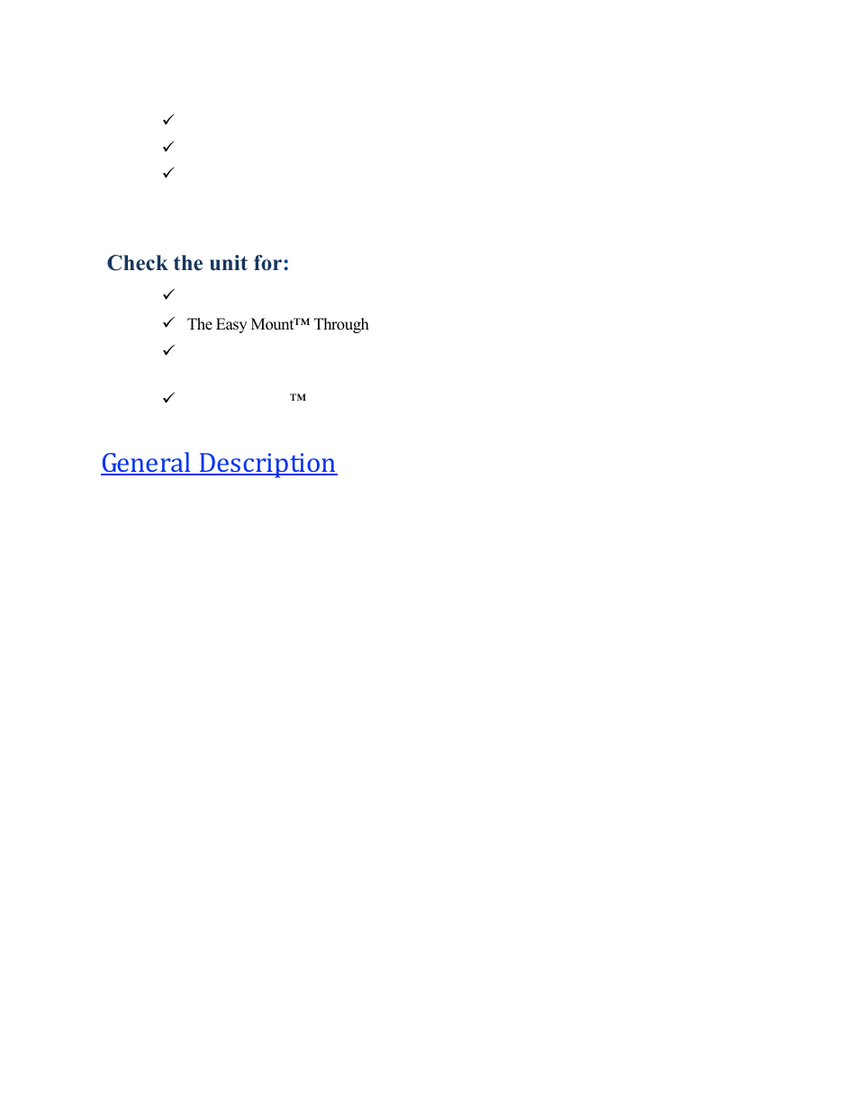 Review the packing slip to verify, Check the unit for, General description | Wine Guardian Through-the-Wall Wine Cellar Cooling Systems 50Hz (WG25) - Manual User Manual | Page 6 / 41