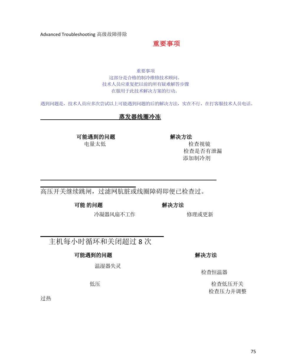 主机每小时循环和关闭超过 8 次, Important 重要事项, 高压开关继续跳闸，过滤网肮脏或线圈障碍即便已检查过 | Wine Guardian Ducted Wine Cellar Cooling Systems (WG175) - Manual User Manual | Page 79 / 80