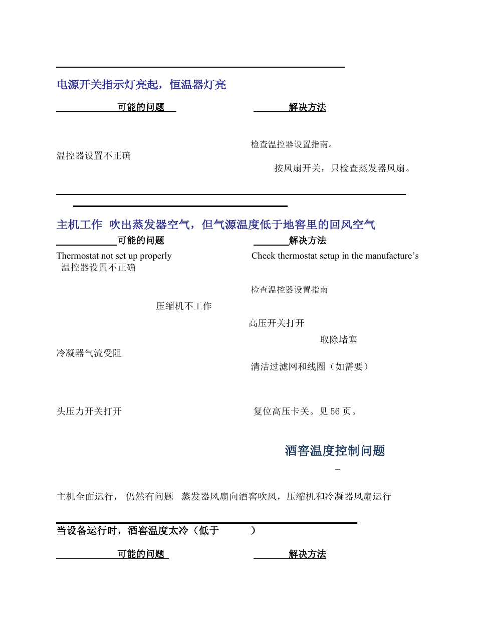 Problems controlling cellar temperature 酒窖温度控制问题 | Wine Guardian Ducted Split Wine Cellar Cooling Systems (WGS175) - Manual User Manual | Page 86 / 97