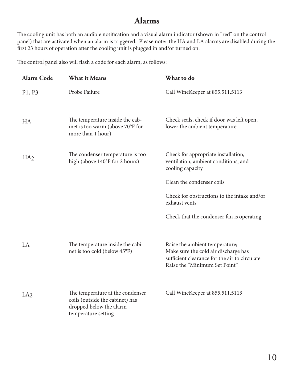 Alarms | WineKeeper MAGNUM Series User Manual | Page 12 / 16