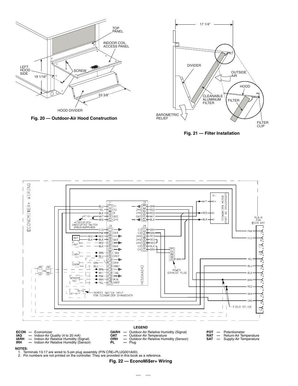 Fig. 21 — filter installation, Fig. 22 — economi$er+ wiring, Fig. 20 — outdoor-air hood construction | Bryant DuraPac Series 580f User Manual | Page 16 / 64
