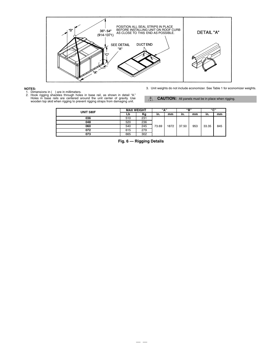 Caution, Fig. 6 — rigging details | Bryant DuraPac Series 580f User Manual | Page 7 / 64
