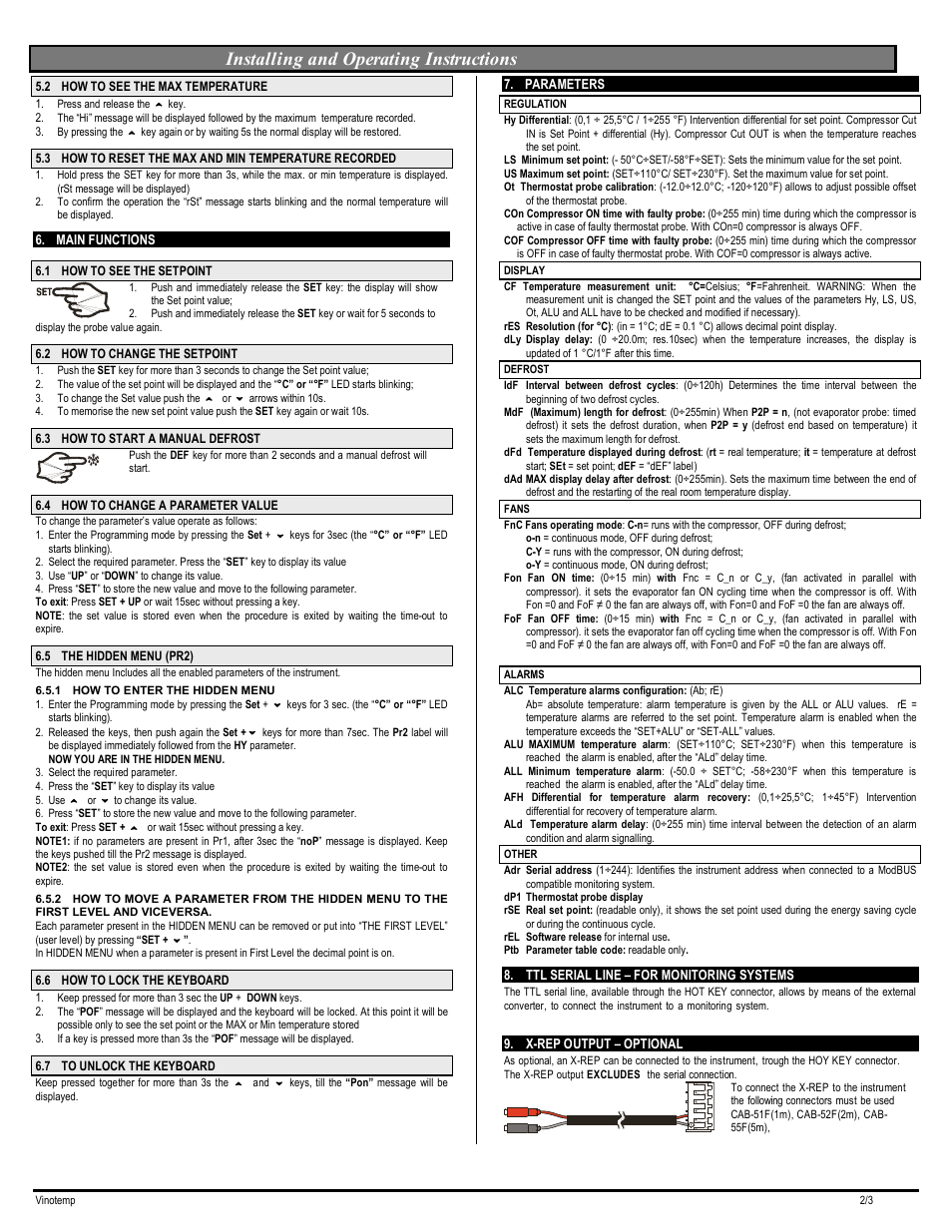 Installing and operating instructions | Wine-Mate SSW Series Digital Control Manual User Manual | Page 2 / 3
