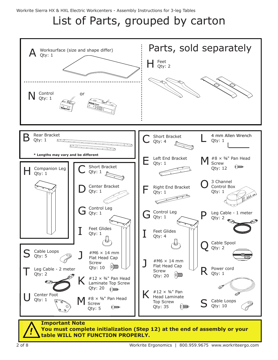 List of parts, grouped by carton, Parts, sold separately | Workrite Sierra HXL Electric Assembly Instructions for 3-leg Electric Workcenters User Manual | Page 2 / 8