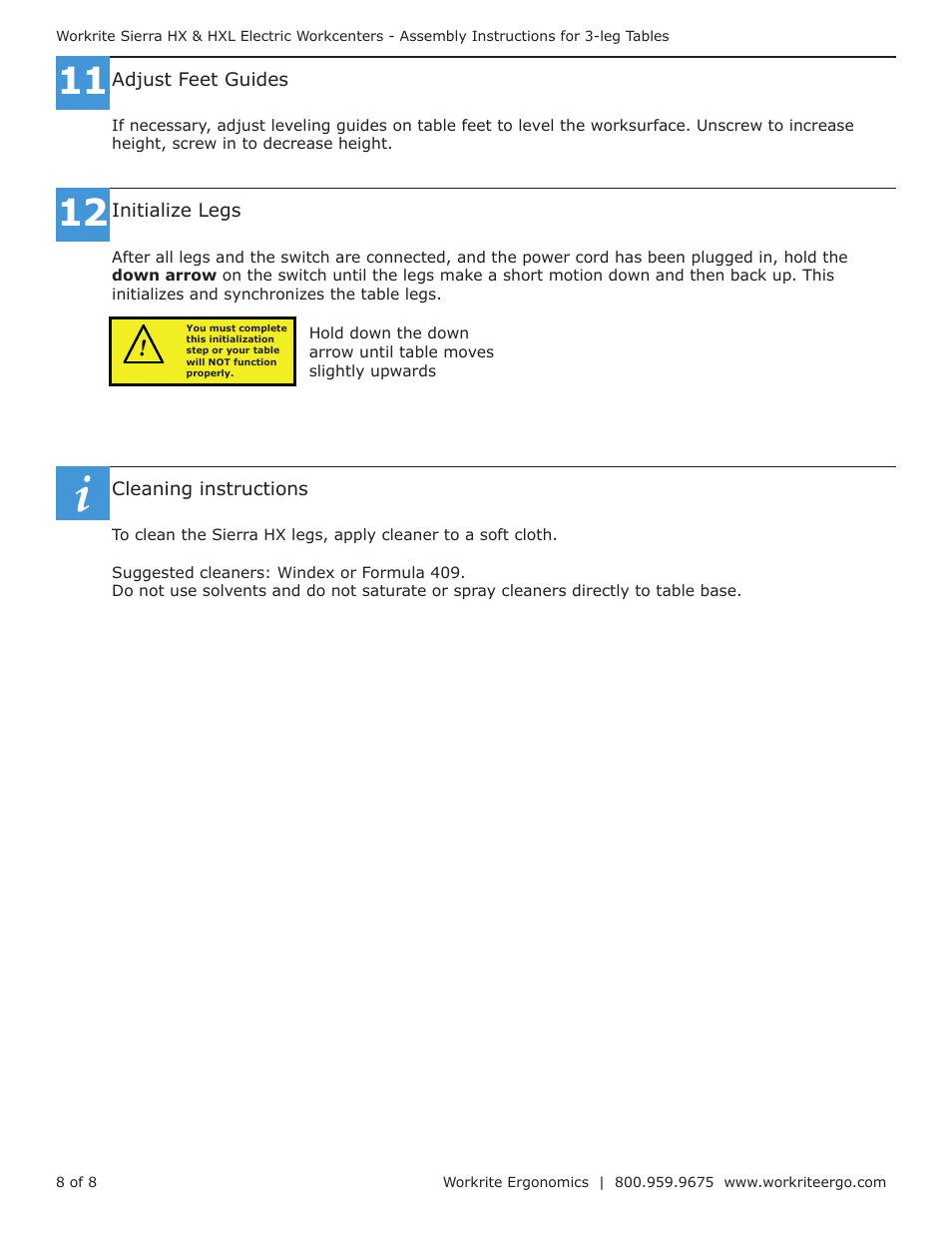 Workrite Sierra HXL Electric Assembly Instructions for 3-leg Electric Workcenters User Manual | Page 8 / 8