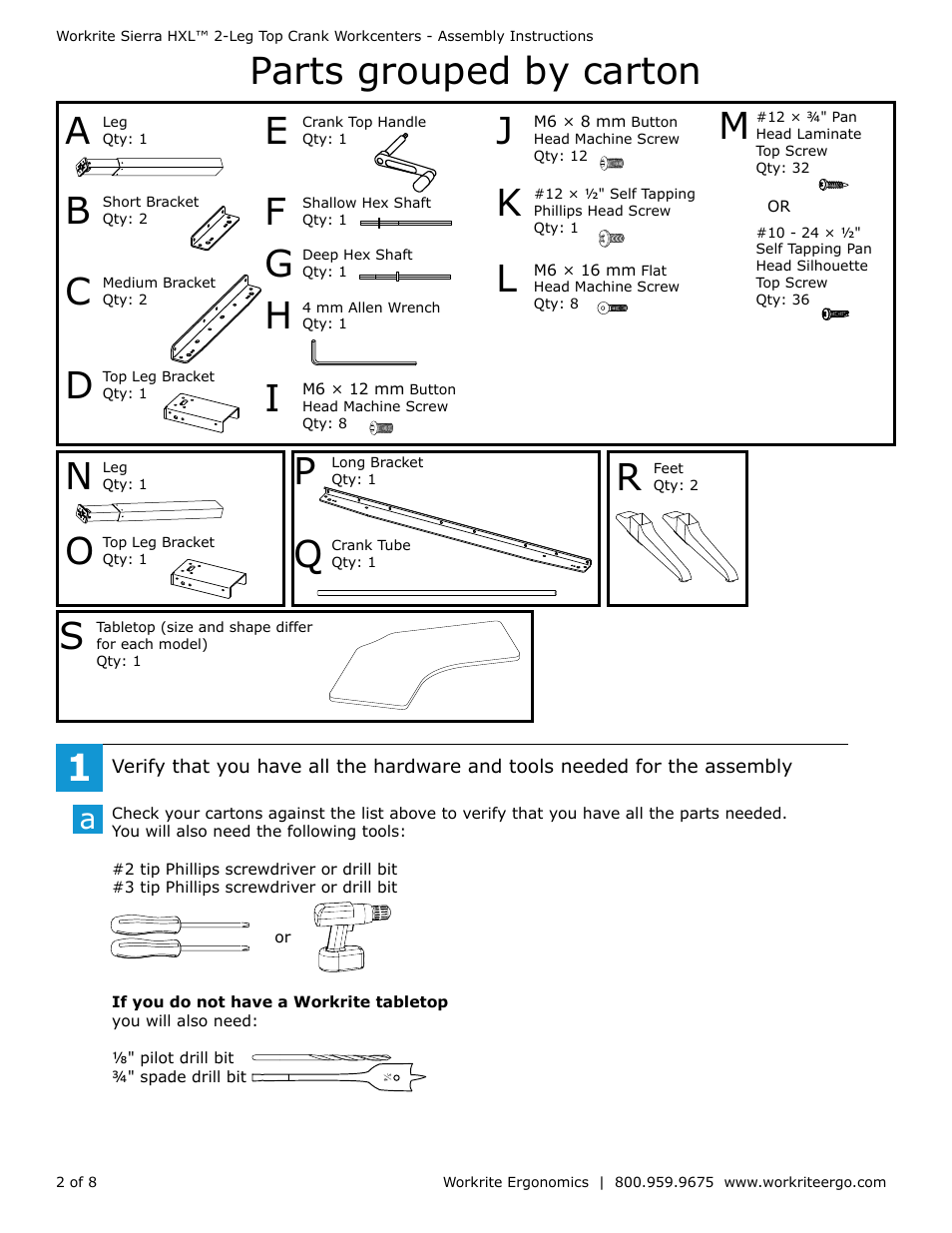 Parts grouped by carton g | Workrite Sierra HXL Crank Assembly Instructions for 2-Leg Top Crank models User Manual | Page 2 / 8