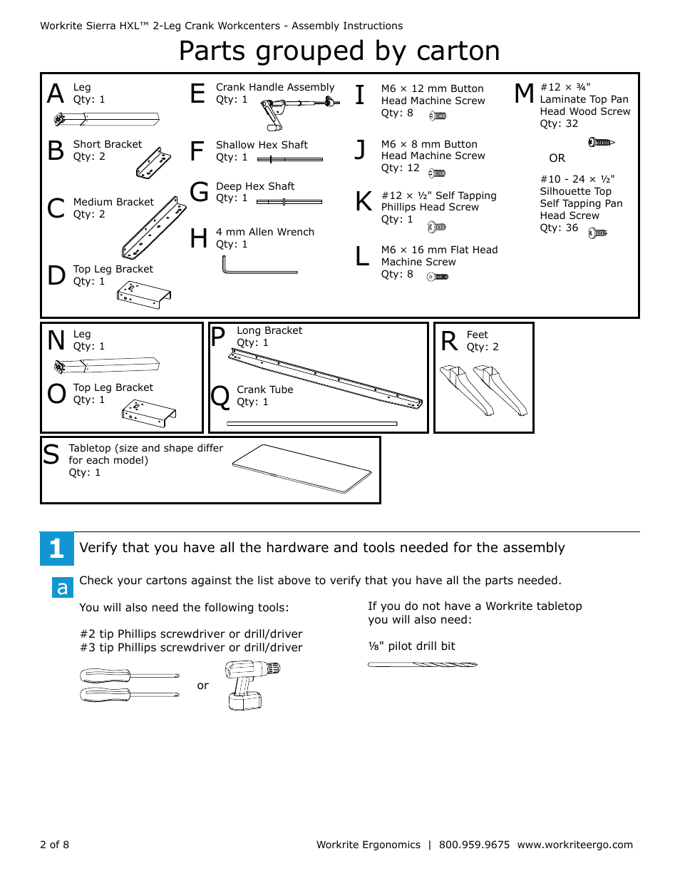 Parts grouped by carton g | Workrite Sierra HXL Assembly Instructions for 2-Leg Front Crank Workcenters User Manual | Page 2 / 8