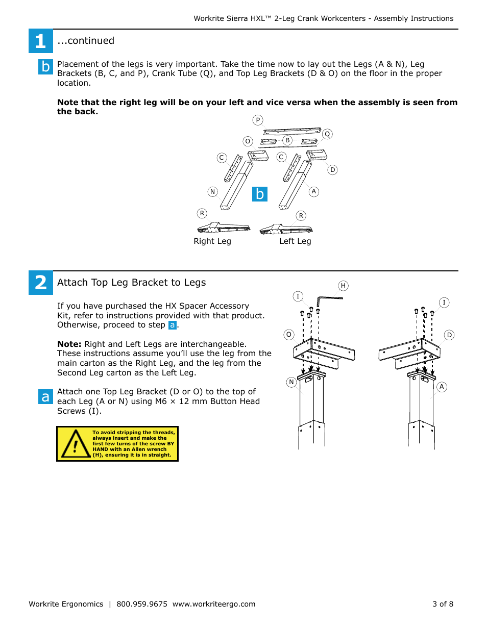 Workrite Sierra HXL Assembly Instructions for 2-Leg Front Crank Workcenters User Manual | Page 3 / 8