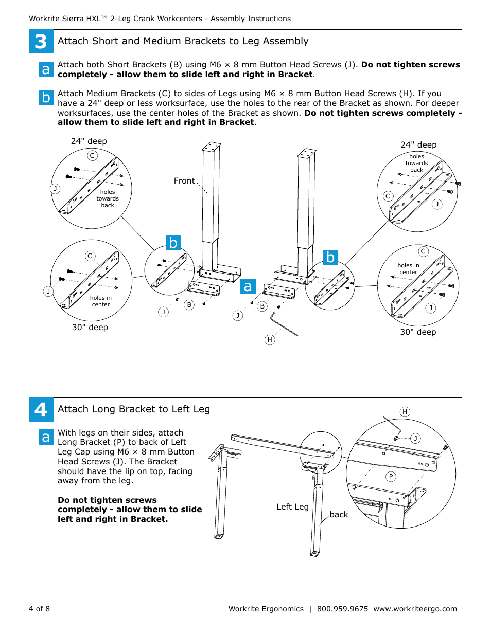 Workrite Sierra HXL Assembly Instructions for 2-Leg Front Crank Workcenters User Manual | Page 4 / 8