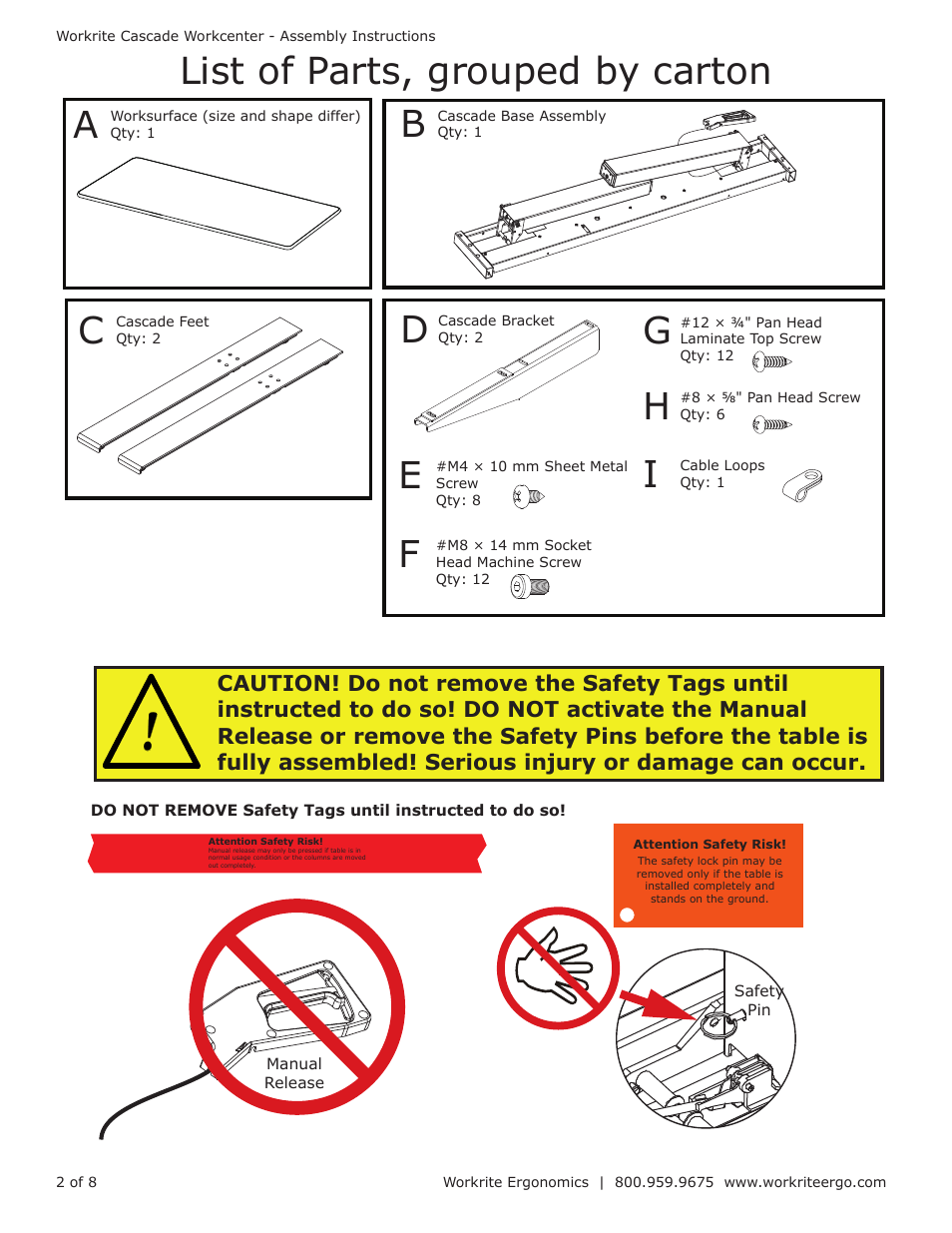 List of parts, grouped by carton a | Workrite Cascade Assembly Instructions for 2-Leg Counterbalance Workcenters User Manual | Page 2 / 8